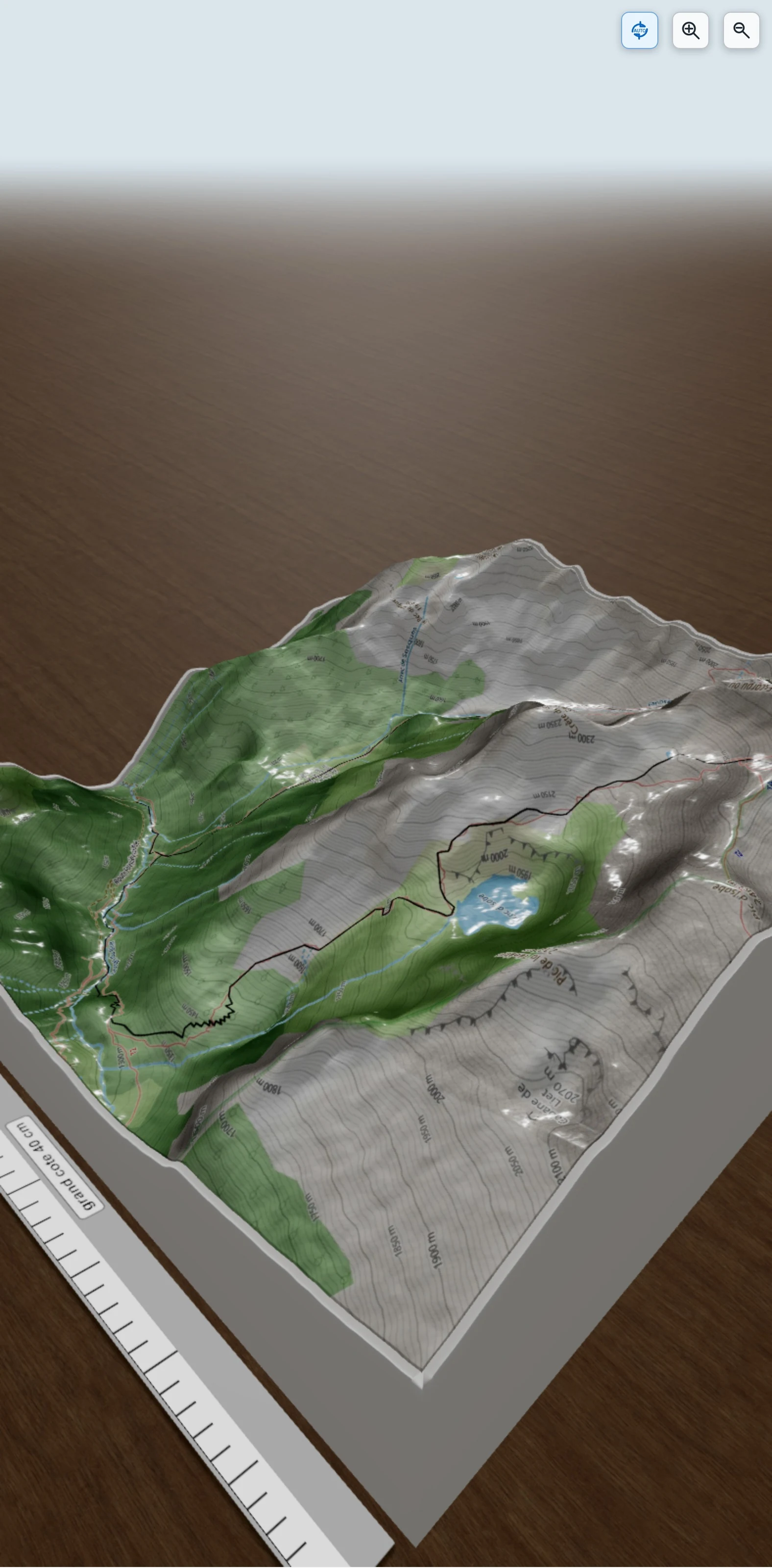 Carte en relief 3D de Lac d'Isabe 1925m et Pic de Sesques 2606m par les gorges du Bitet depuis le pont 930m (Les Pyrénées vues par Mariano), avec relief topographique