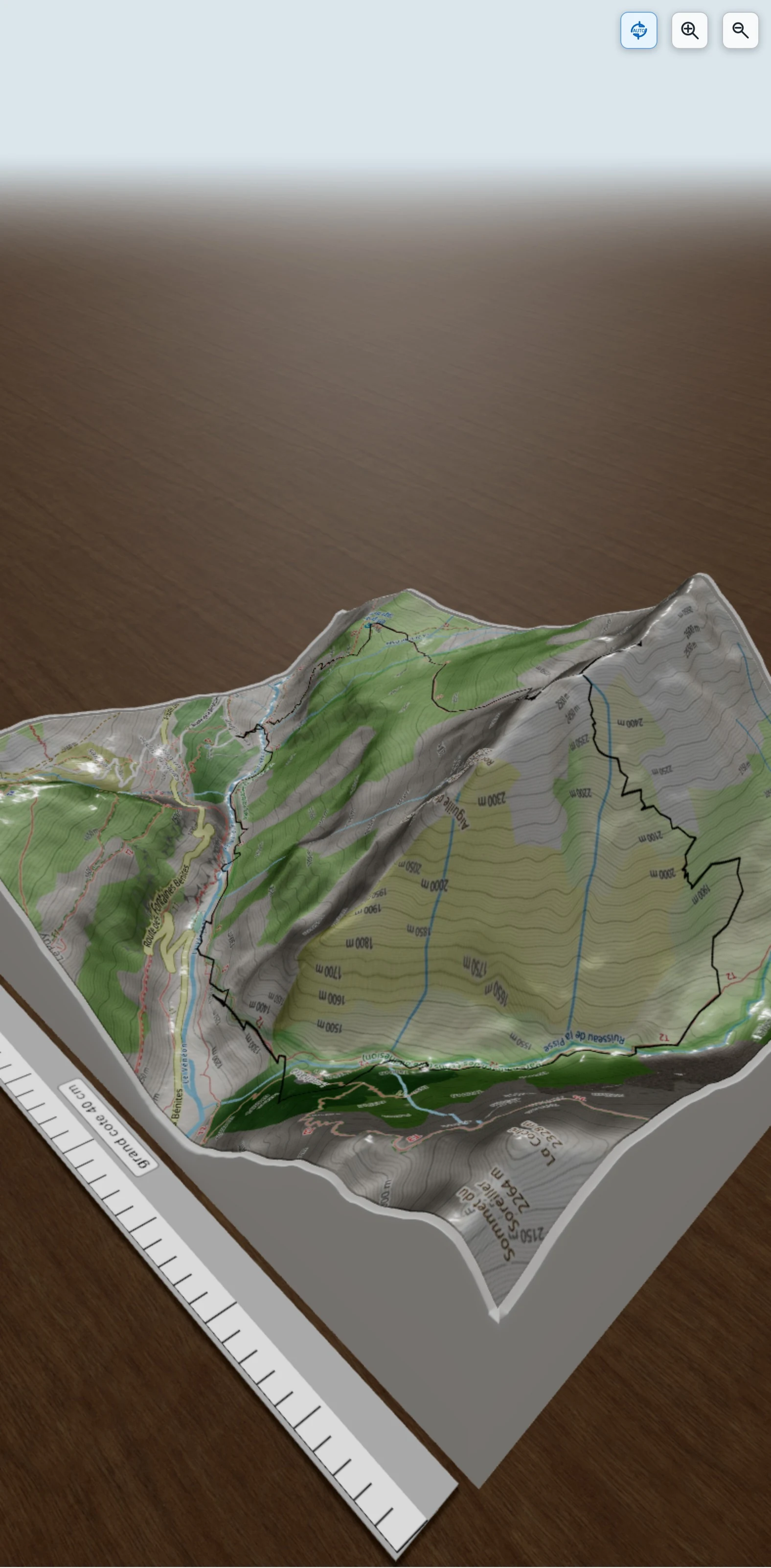 Carte en relief 3D de Roche Ruinée en boucle depuis Les Granges (Ecrins), avec relief topographique
